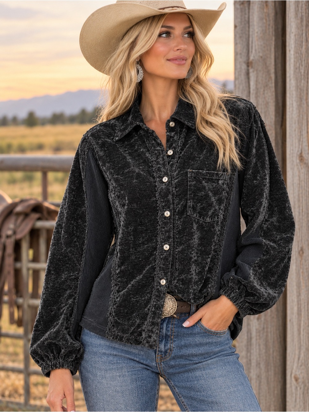 Women’s Black Button-Front Velvet shacket
